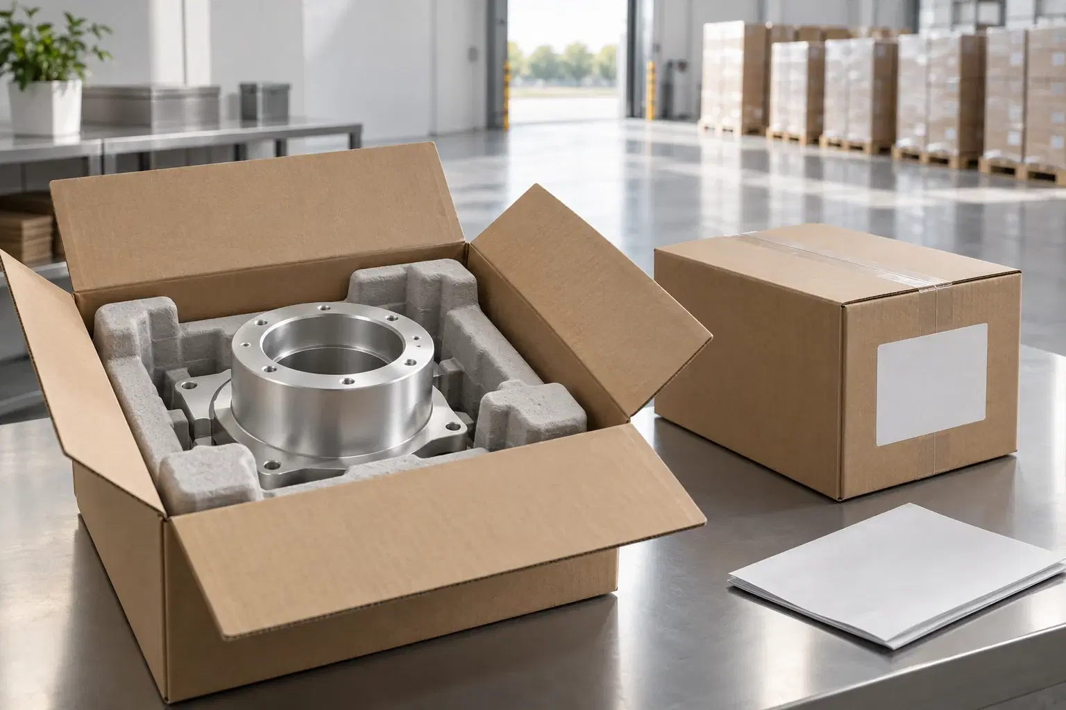 Illustrative delivery preparation: precision component in protective packaging at a fulfillment workspace