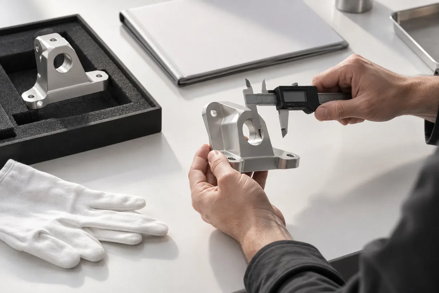 Illustrative sample review: hands using a caliper beside a reference component