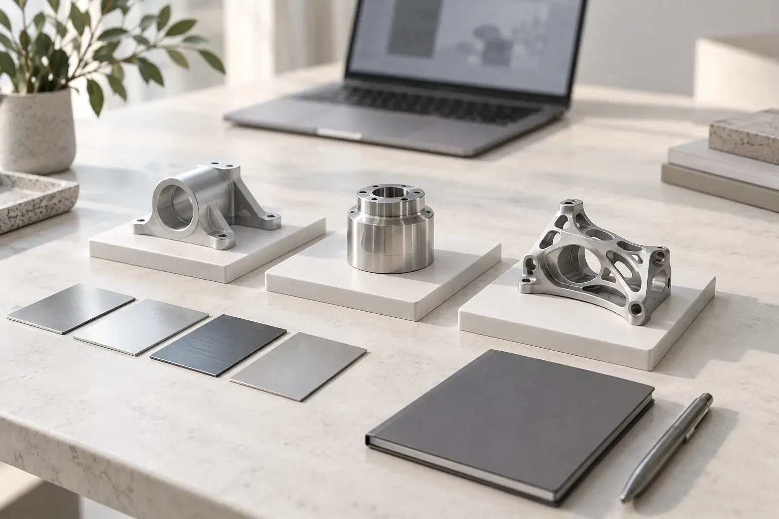 Illustrative supplier comparison: three machined samples and material swatches on a procurement desk
