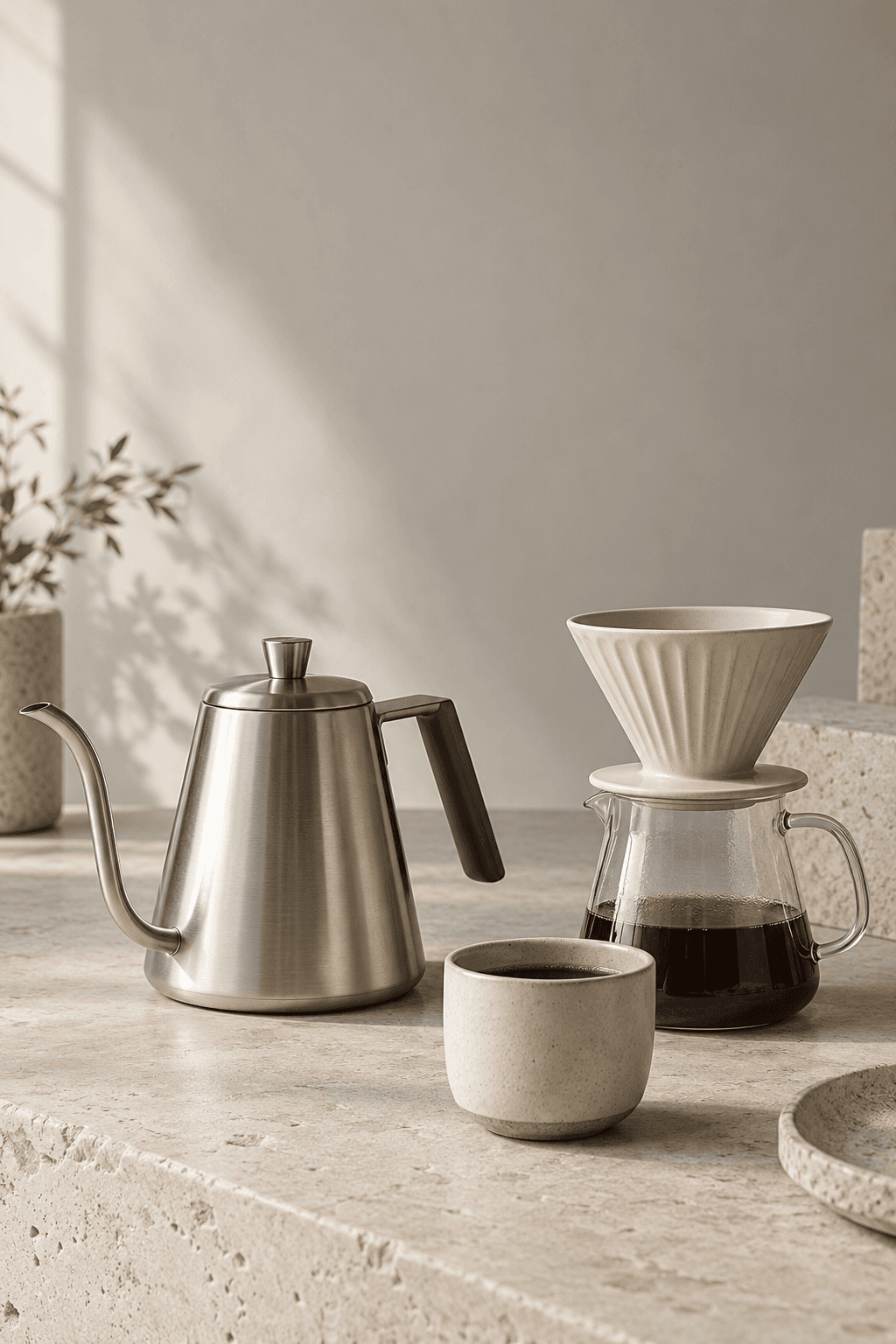 DTC coffee concept: lifestyle scene and ceramic, mesh and glass component study