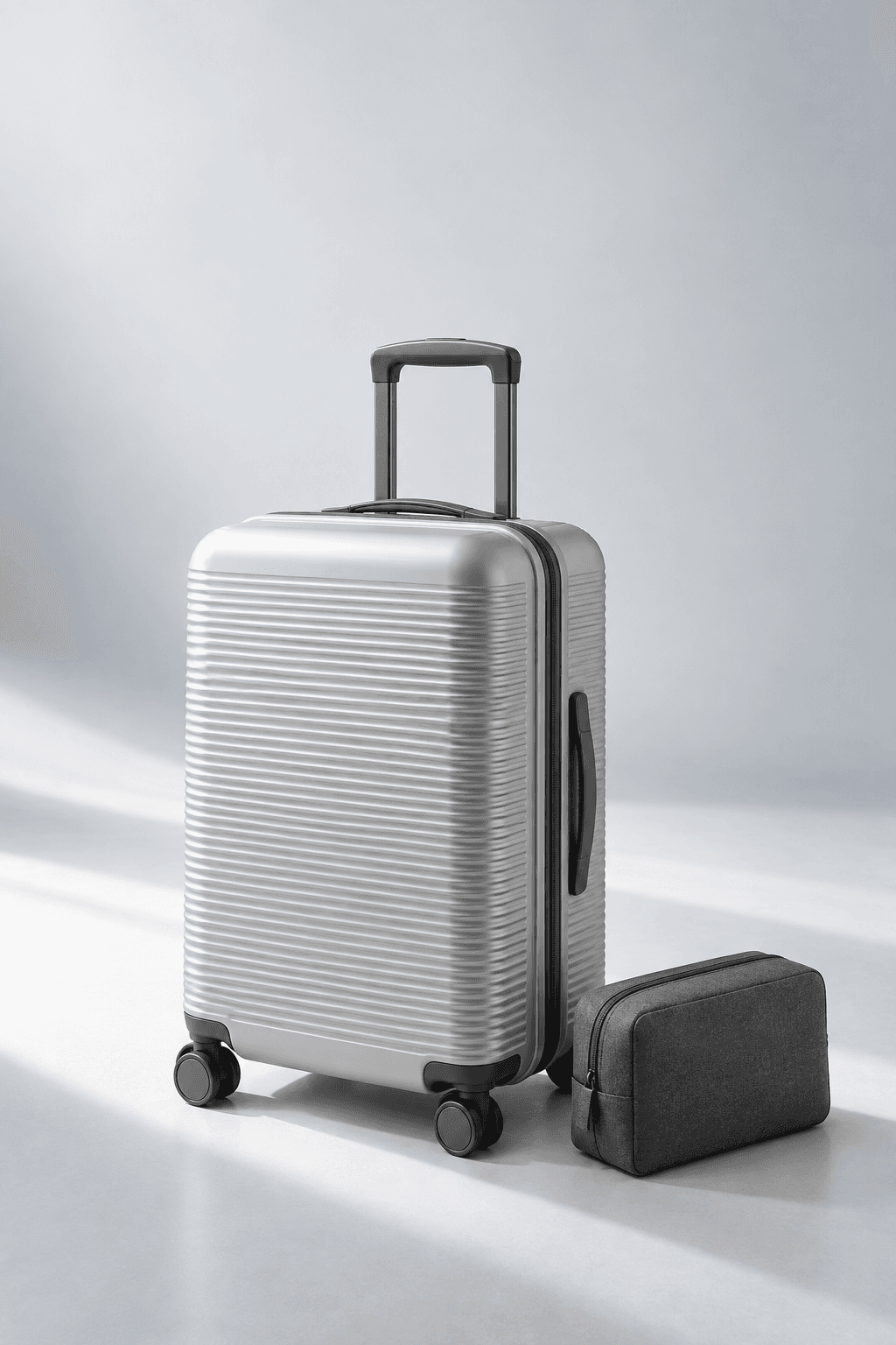 DTC travel concept: product scene and suitcase shell, lining and chassis component study